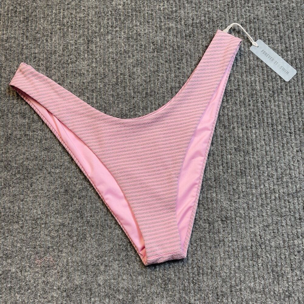 Forever 21 Swim Size XL Bikini Bottom Pink Silver Metallic Stripe High Waist NEW